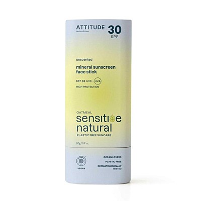 ATTITUDE 100% Minerálna ochranná opaľovacia tyčinka na tvár a pery pre citlivú a atopickú pokožku SPF 30 (bez vône), 20 g