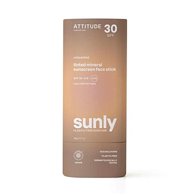 ATTITUDE Tónovaná 100% minerálna ochranná opaľovacia tyčinka na tvár a pery SPF 30 (bez vône), 20 g