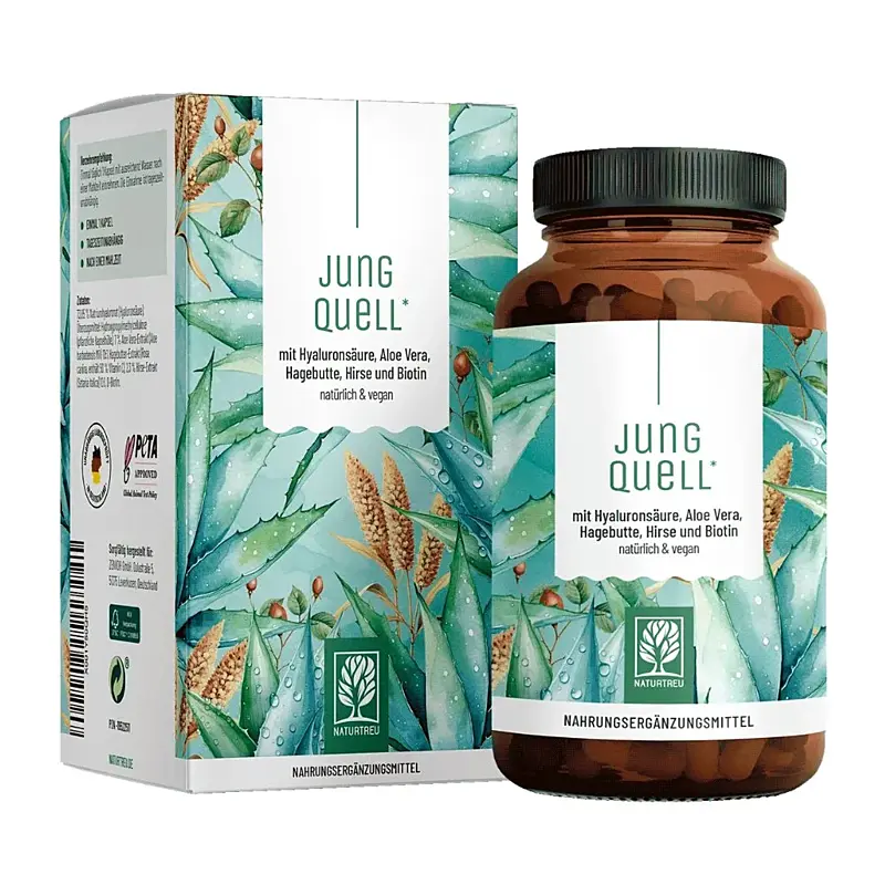 Naturtreu Prameň mladosti – Komplex kyseliny hyalurónovej, aloe vera, šípok a biotínu, 90 kapsúl
