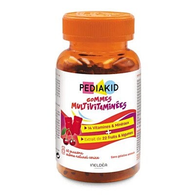 Pediakid Multivitamínové vegánske prírodné gumené cukríky pre deti (čerešňová príchuť), 60 ks
